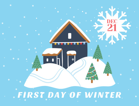 Primeiro dia de inverno com casa e árvores Postcard 4.2x5.5in Modelo de Design