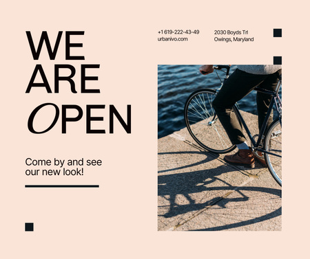Store Opening Announcement with Man and Bike Facebook Design Template