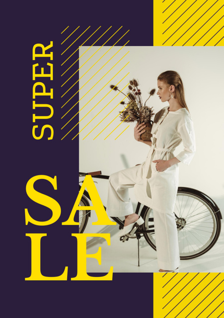 Fashion Sale Announcement with Stylish Woman on Bike Flyer A7 Design Template