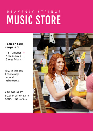 Platilla de diseño Music Store Ad Woman Selling Guitar Flayer