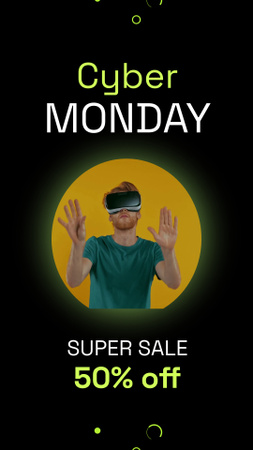 Super promoção da Cyber Monday com pessoas usando óculos de realidade virtual Instagram Video Story Modelo de Design