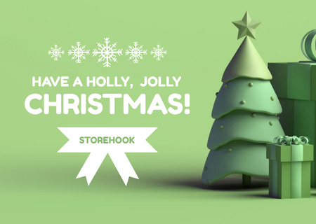 Plantilla de diseño de Deseos de Navidad con regalos y árbol en verde Postcard 