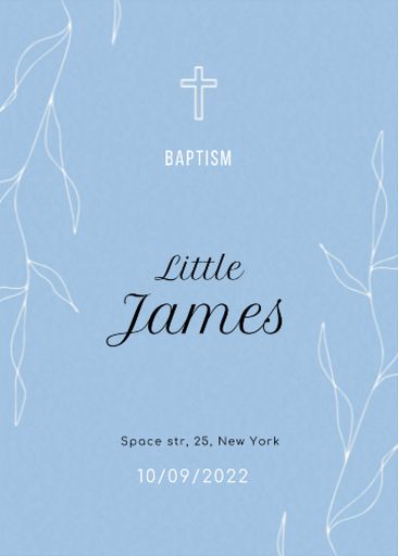 Baptism Announcement With Christian Cross And Leaves 