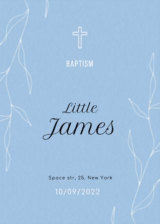 Baptism Announcement with Christian Cross and Leaves Invitation Tasarım Şablonu