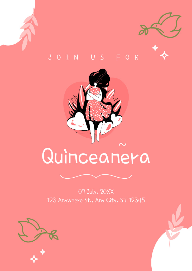 Quinceañera Celebration Announcement In Summer With Illustration Postcard A6 Vertical Design Template