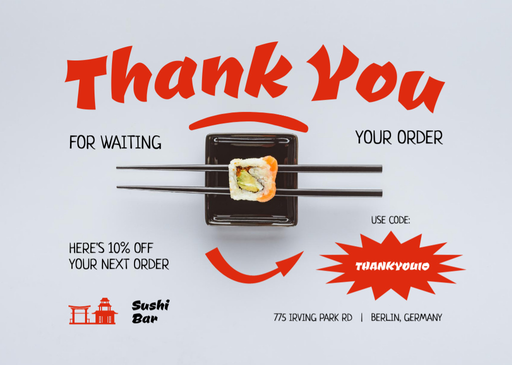 Gratitude for Order in Sushi Bar with Offer of Discount Postcard 5x7in – шаблон для дизайну