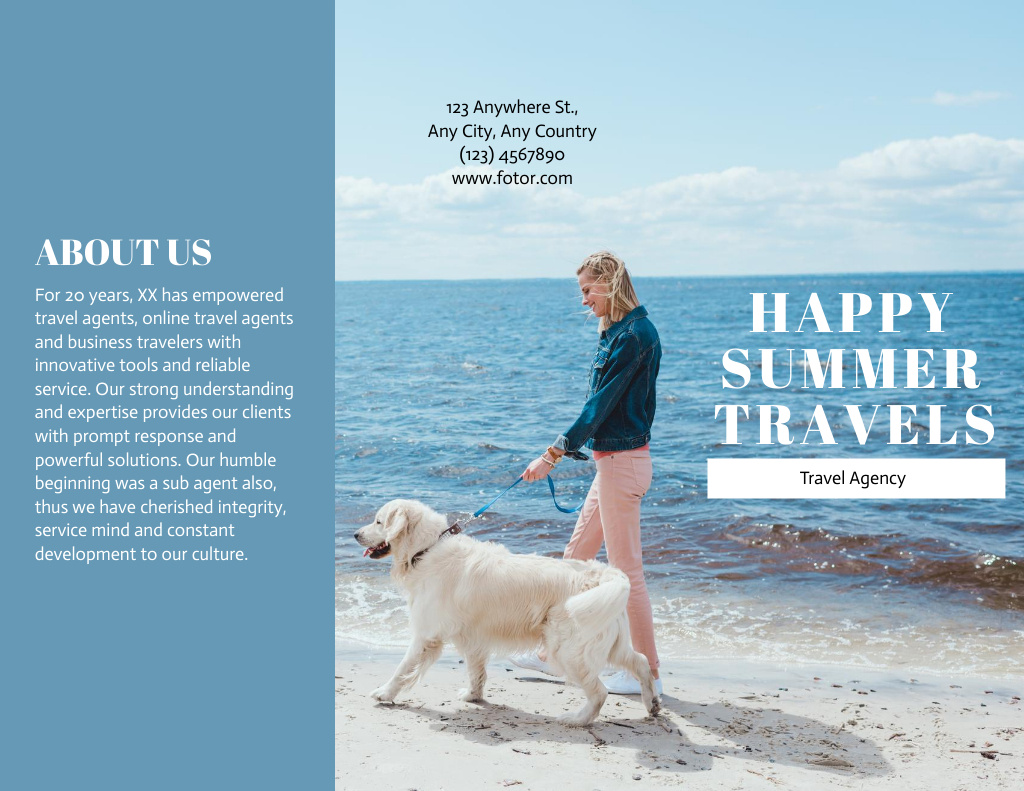 Travel Agency Service Offering with Woman Walking Dog Brochure 8.5x11in tervezősablon