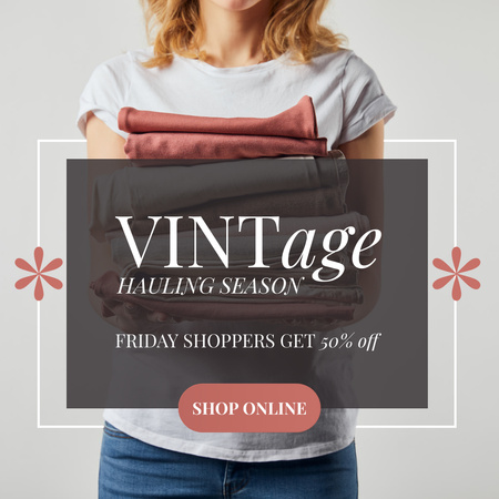 Woman with vintage clothes stack Instagram AD – шаблон для дизайна