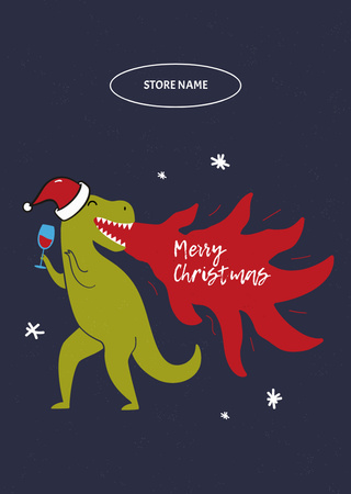 Christmas Cheers with Dinosaur and Wine Postcard A6 Vertical – шаблон для дизайна