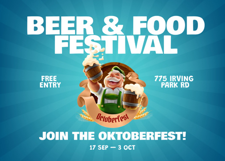 Celebração da Oktoberfest com cerveja e comida em azul Postcard 5x7in Modelo de Design