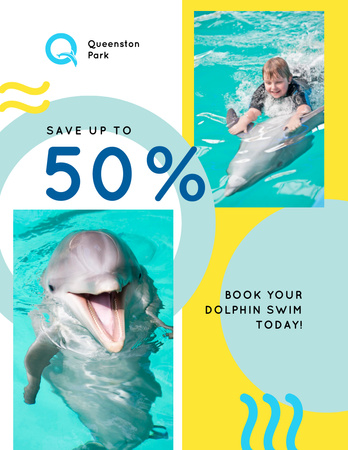 Dolphin Swim Offer Kid in Pool Flyer 8.5x11in Design Template