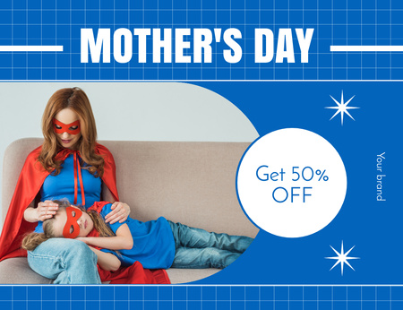 Mom and Daughter in Superhero Costumes on Mother's Day Thank You Card 5.5x4in Horizontal Design Template