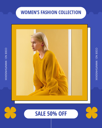 Anúncio de coleção de moda feminina com mulher de roupa amarela Instagram Post Vertical Modelo de Design