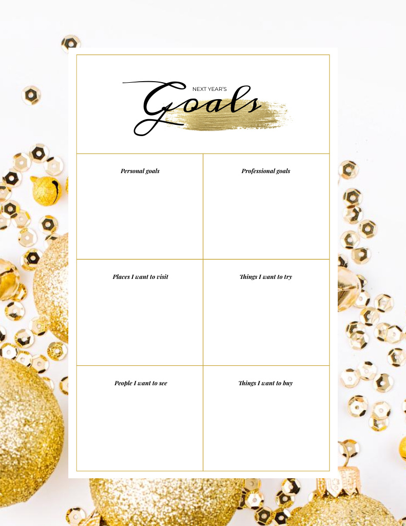 New Year's Resolutions List on Golden Glitter Notepad 8.5x11in Design Template