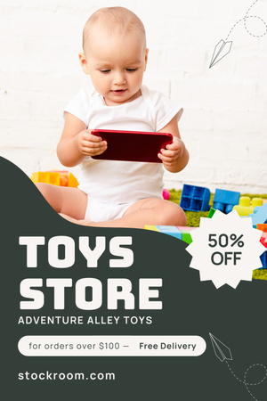 Designvorlage Spielzeugrabatt mit Cute Little Baby für Pinterest