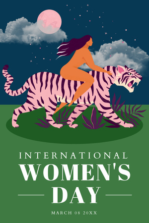 Illustration of Woman on Tiger on International Women's Day Pinterest Design Template