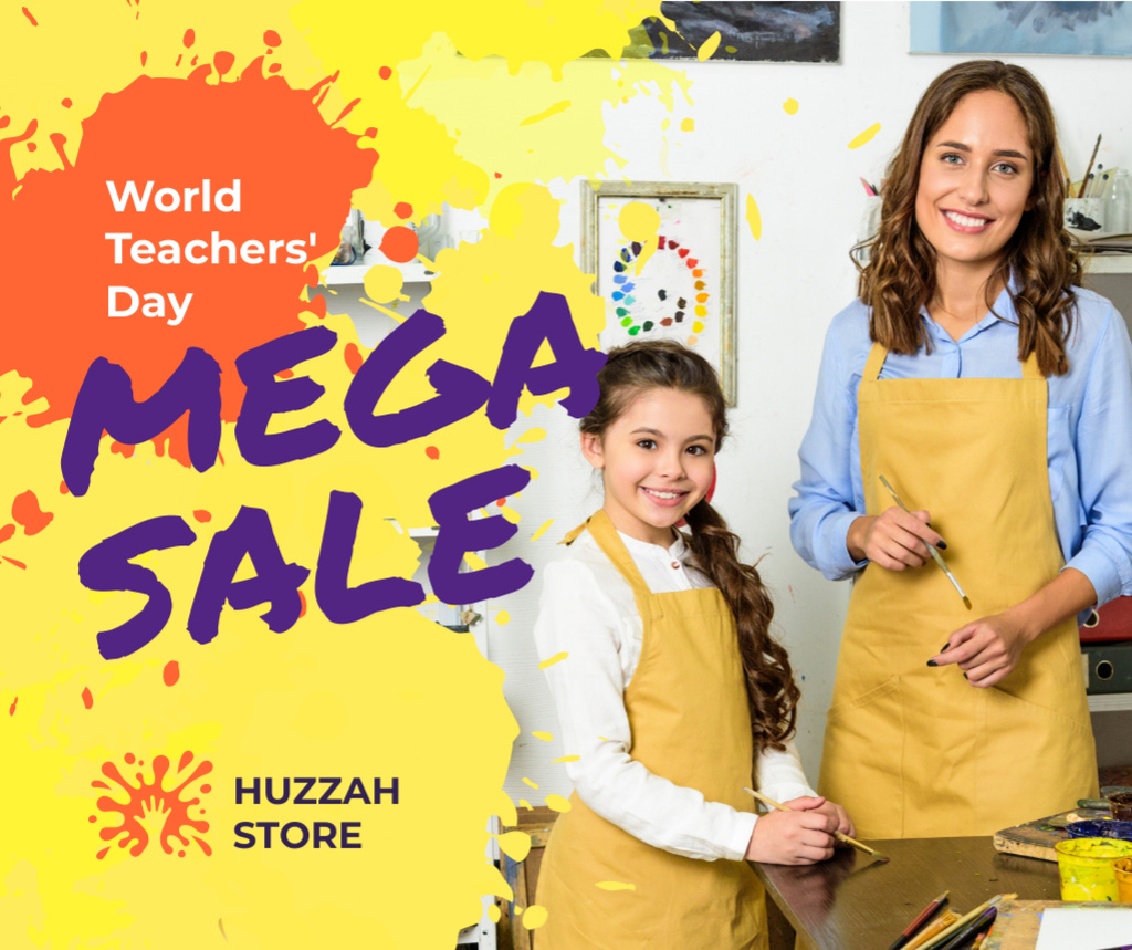 World Teachers' Day Sale Teacher and Girl Painting Facebook Modelo de Design