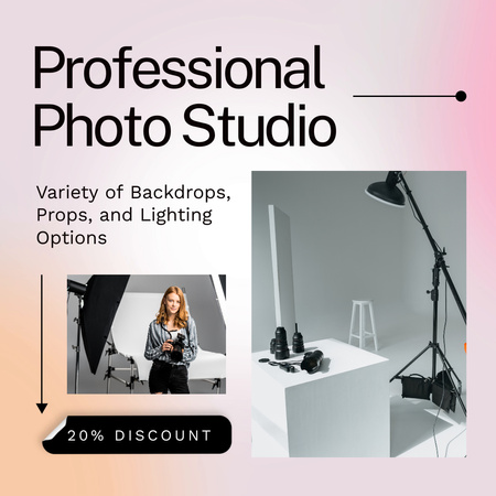 Platilla de diseño Photo Studio Rent Offer With Discount And Equipment Animated Post