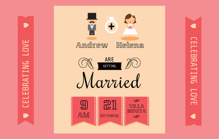 Wedding Event With Groom And Bride Icons in Pink Invitation 4.6x7.2in Horizontal – шаблон для дизайна