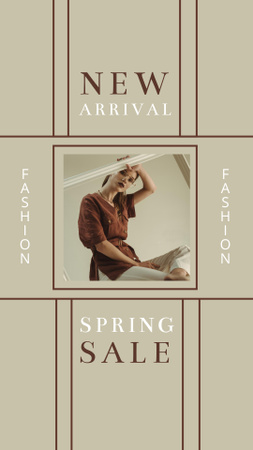 Plantilla de diseño de Nueva colección de moda con mujer en traje marrón Instagram Story 
