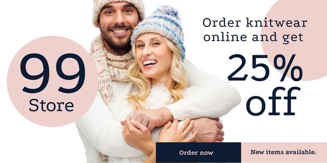 Ontwerpsjabloon van Twitter van Online knitwear store Offer with Smiling Couple