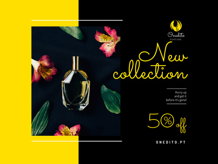 Oferta de perfume com frasco de vidro em flores Poster 18x24in Horizontal Modelo de Design
