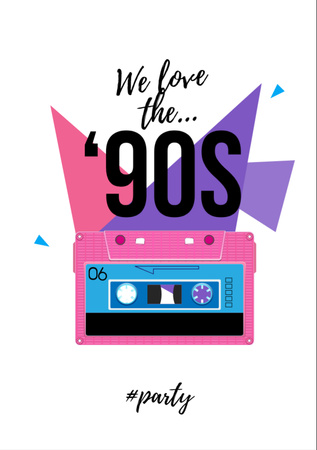 '90s Party announcement with cassette Flyer A7 Design Template