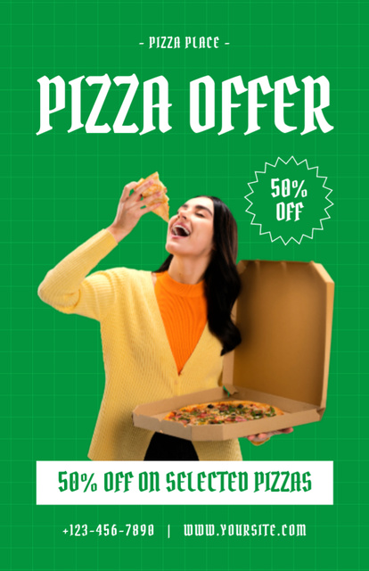 Pizza Discount Offer With Young Attractive Woman Recipe Card Tasarım Şablonu