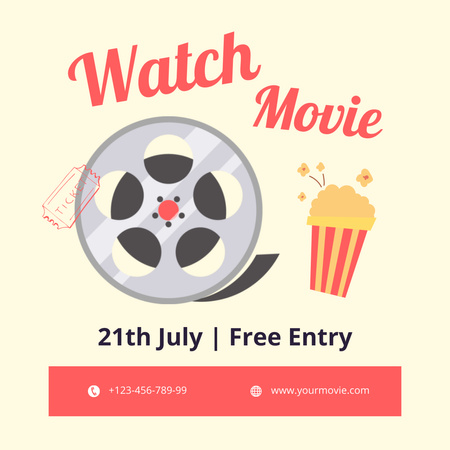 Movie Night Announcement with Movie Reel and Popcorn Instagram Design Template