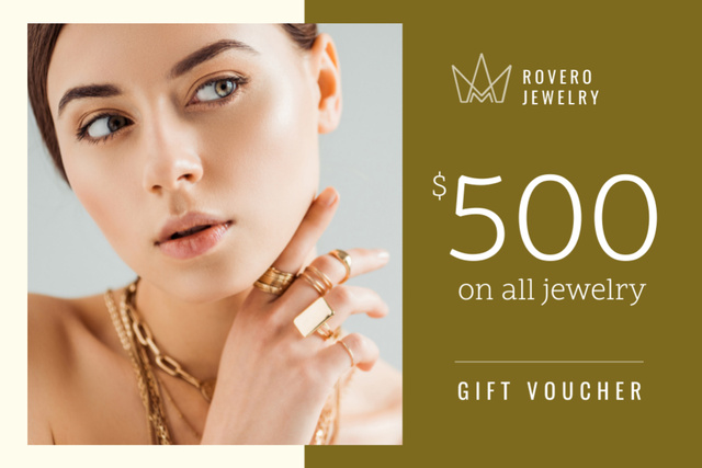 Designvorlage Jewelry Offer with Woman in Golden Rings für Gift Certificate