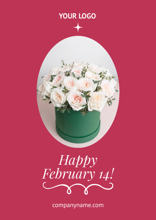 Valentine's Day Greeting with Tender Roses Bouquet in Box Postcard A6 Vertical Design Template