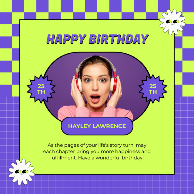 Designvorlage Bright Congratulations on Birthday of Young Woman in Headphones für LinkedIn post