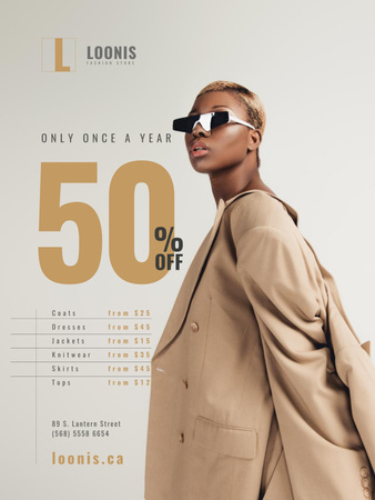 Ontwerpsjabloon van Poster US van Fashion Store Sale with Woman in Sunglasses