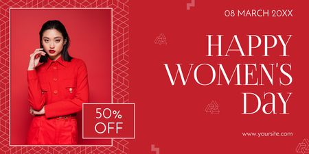 Designvorlage Rabattangebot am Frauentag mit Frau im roten Outfit für Twitter