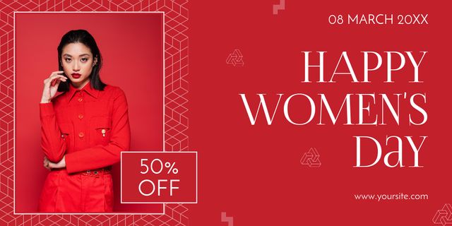Ontwerpsjabloon van Twitter van Discount Offer on Women's Day with Woman in Red Outfit