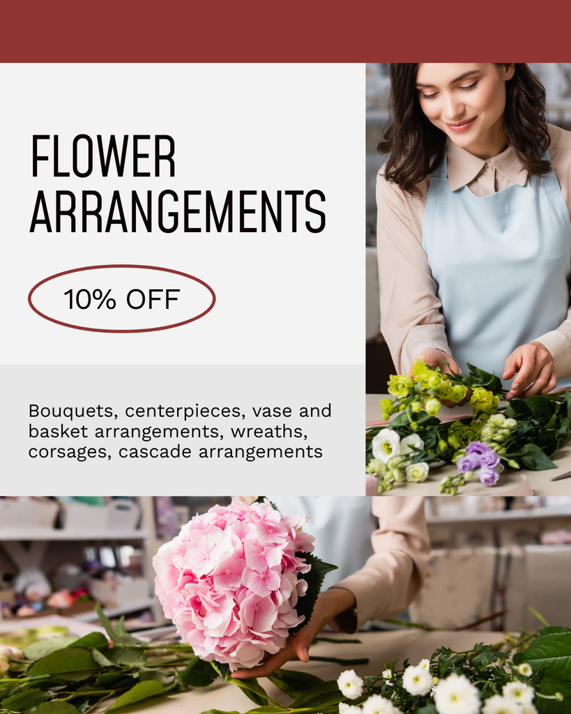 Flower Arrangements Service Ad with Young Woman Florist Instagram Post Vertical tervezősablon