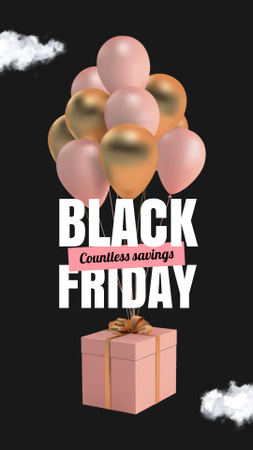 Designvorlage Black Friday-Verkaufsankündigung mit Geschenkbox auf Luftballons für Instagram Video Story