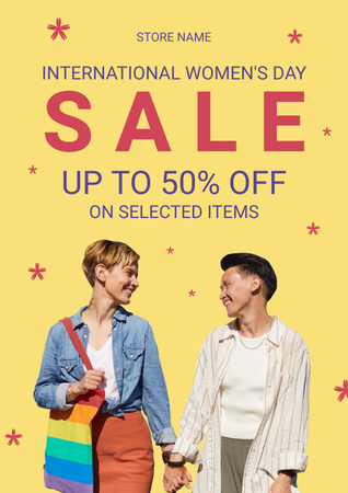 Ontwerpsjabloon van Poster van Internationale Vrouwendaguitverkoop met schattig LGBT-stel