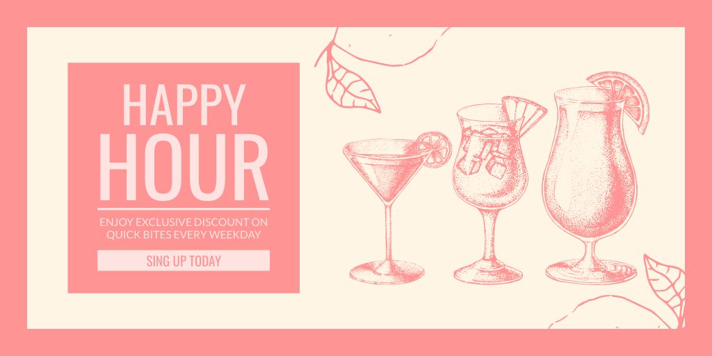 Happy Hour Promo with Sketches of Drinks Twitter Design Template