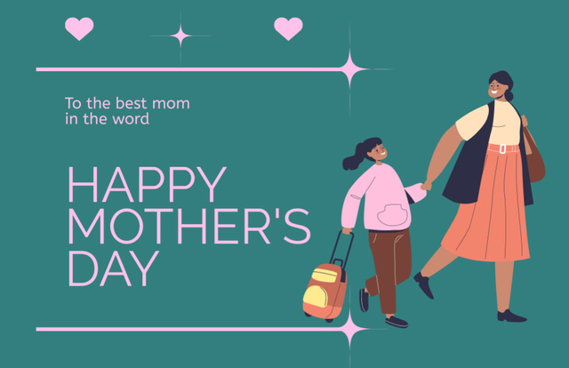 Cute Illustration and Greeting on Mother's Day on Blue Layout Thank You Card 5.5x8.5in Design Template