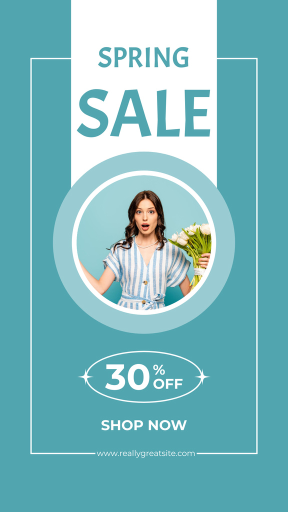 Spring Sale with Woman with Tulip Bouquet Instagram Story Modelo de Design