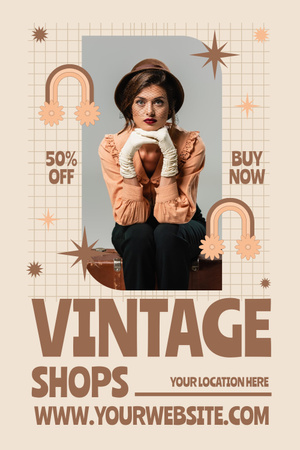 Woman in retro clothes for thrift shop Pinterest Design Template