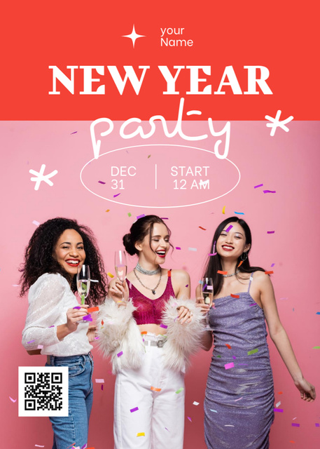 Beautiful Young Women on New Year Party Invitation Design Template