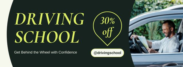 Szablon projektu Thorough Driving School Lessons Offer With Discount In Green Facebook cover