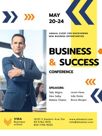 Business Conference Announcement with Confident Man in Suit Poster US Design Template