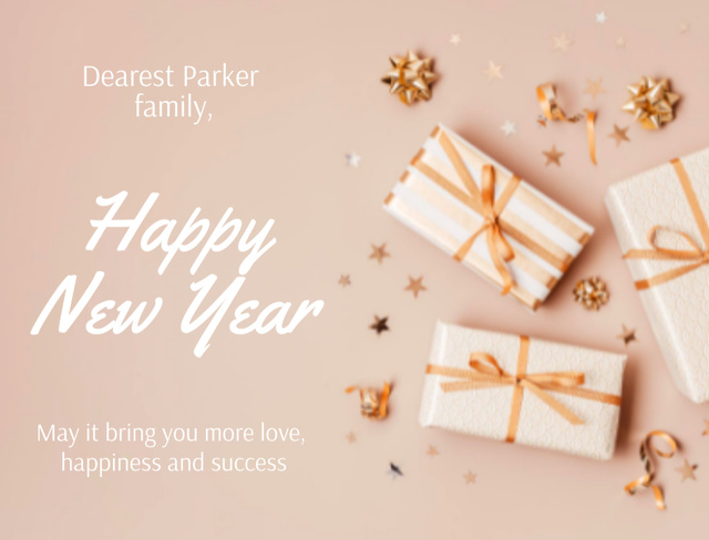 Ontwerpsjabloon van Postcard 4.2x5.5in van Cute New Year Greeting with Presents on Pastel