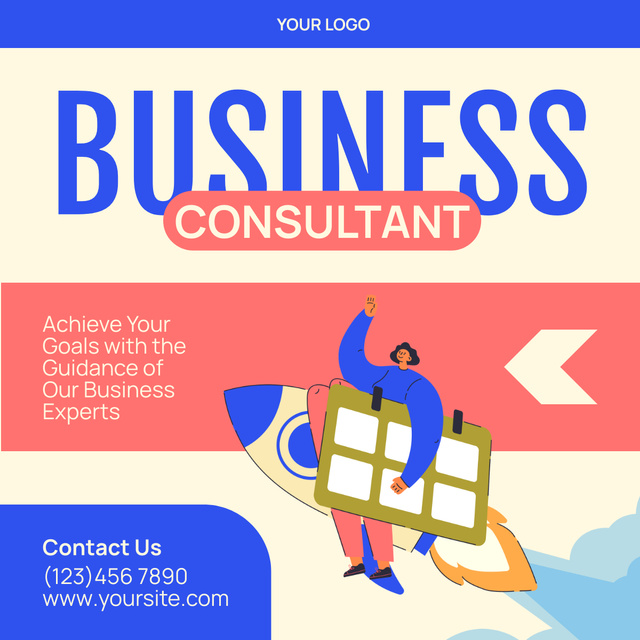 Business Consulting Services with Illustration of Rocket LinkedIn postデザインテンプレート