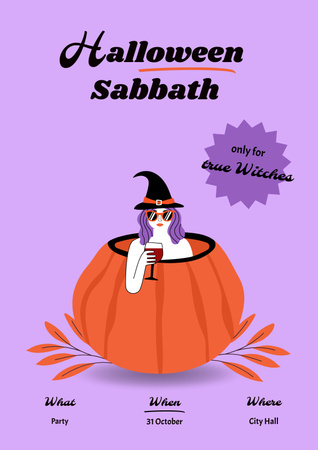 Designvorlage Halloween with Witch in Pumpkin holding Wine für Poster