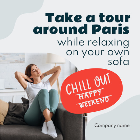 Home Travel Inspiration with Woman Relaxing on Sofa Instagram Design Template