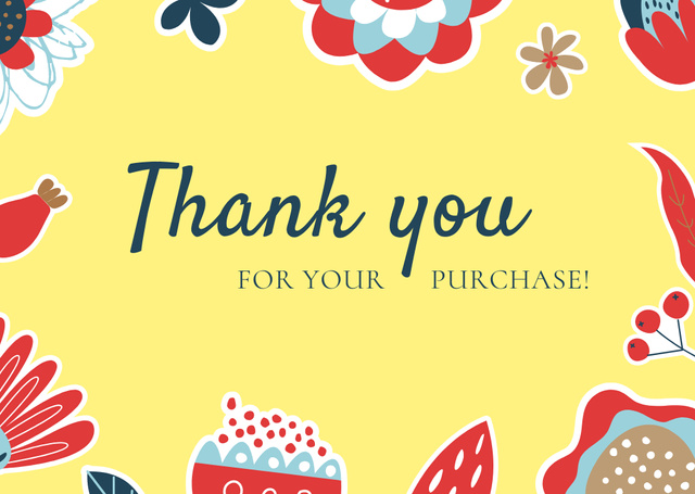 Thank You For Your Purchase Phrase with Bright Abstract Flowers Cardデザインテンプレート